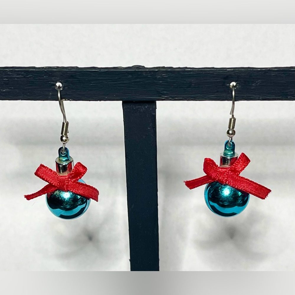 Metallic Light Blue Christmas Bulb Dangle Earrings with Red Bows on Hooks